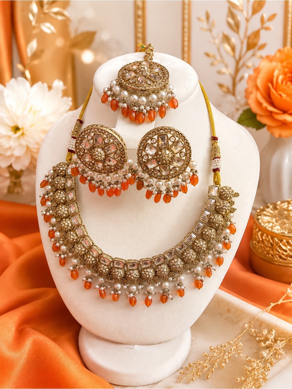 Gold-Tone Orange and Pearl Necklace Set - Women Jewelry